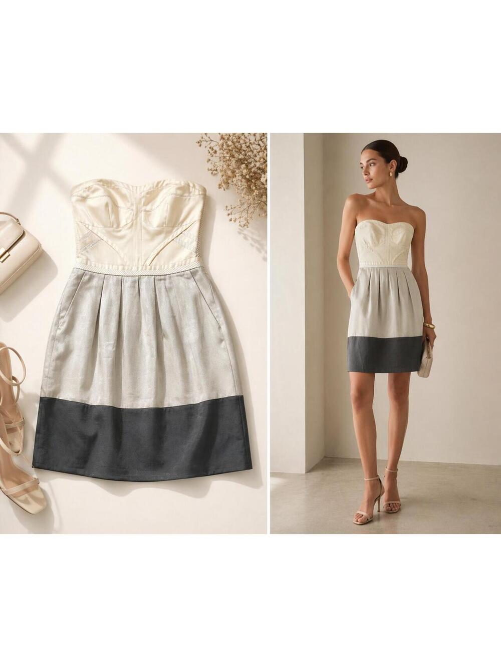 Reiss Strapless Silk Blend Dress Cream Gray Colorblock Cocktail Size 6
